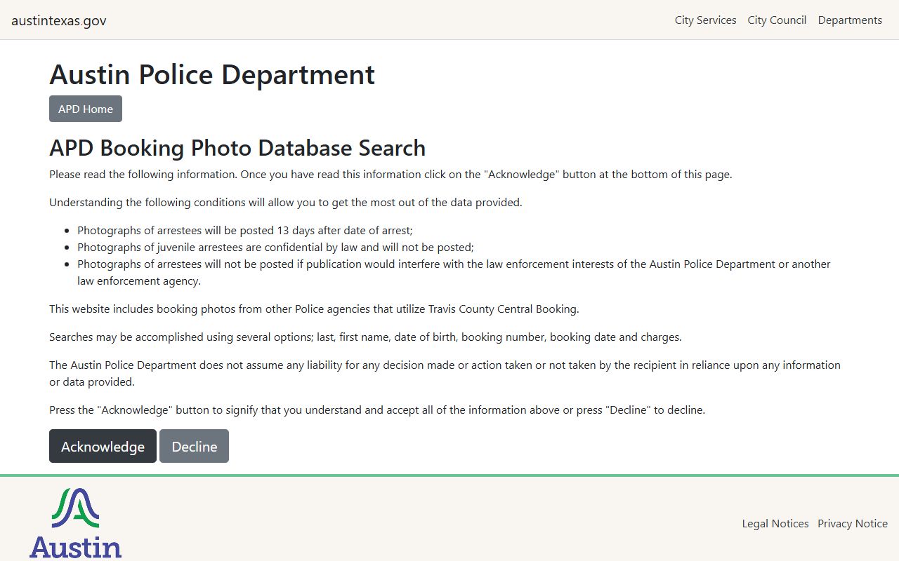 Travis County booking photos through Austin Police mugshot search