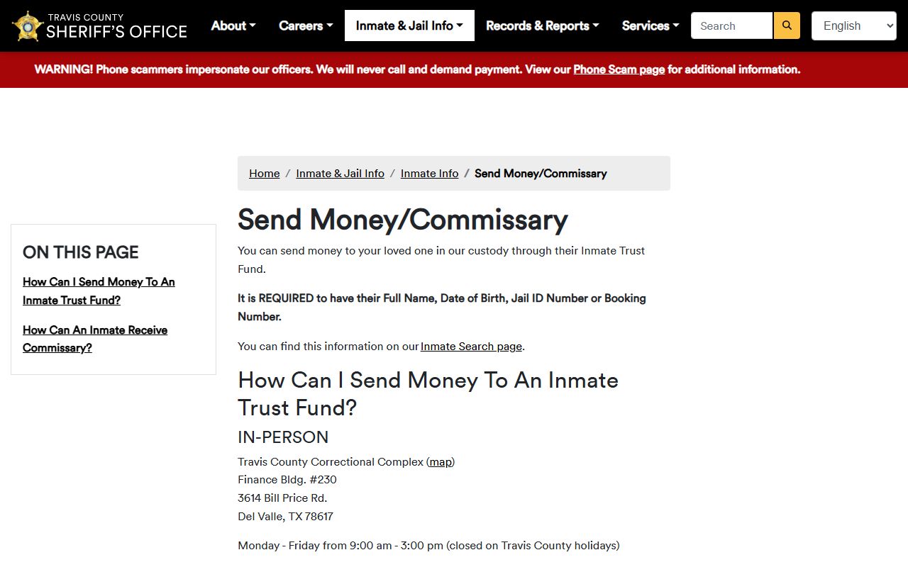 Travis County Correctional Complex commissary and money deposit instructions