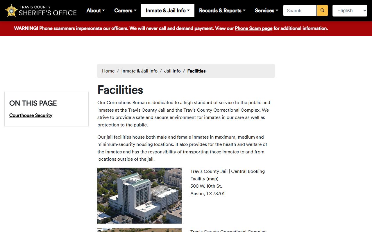 Travis County Correctional Complex listing on TCSO facilities page
