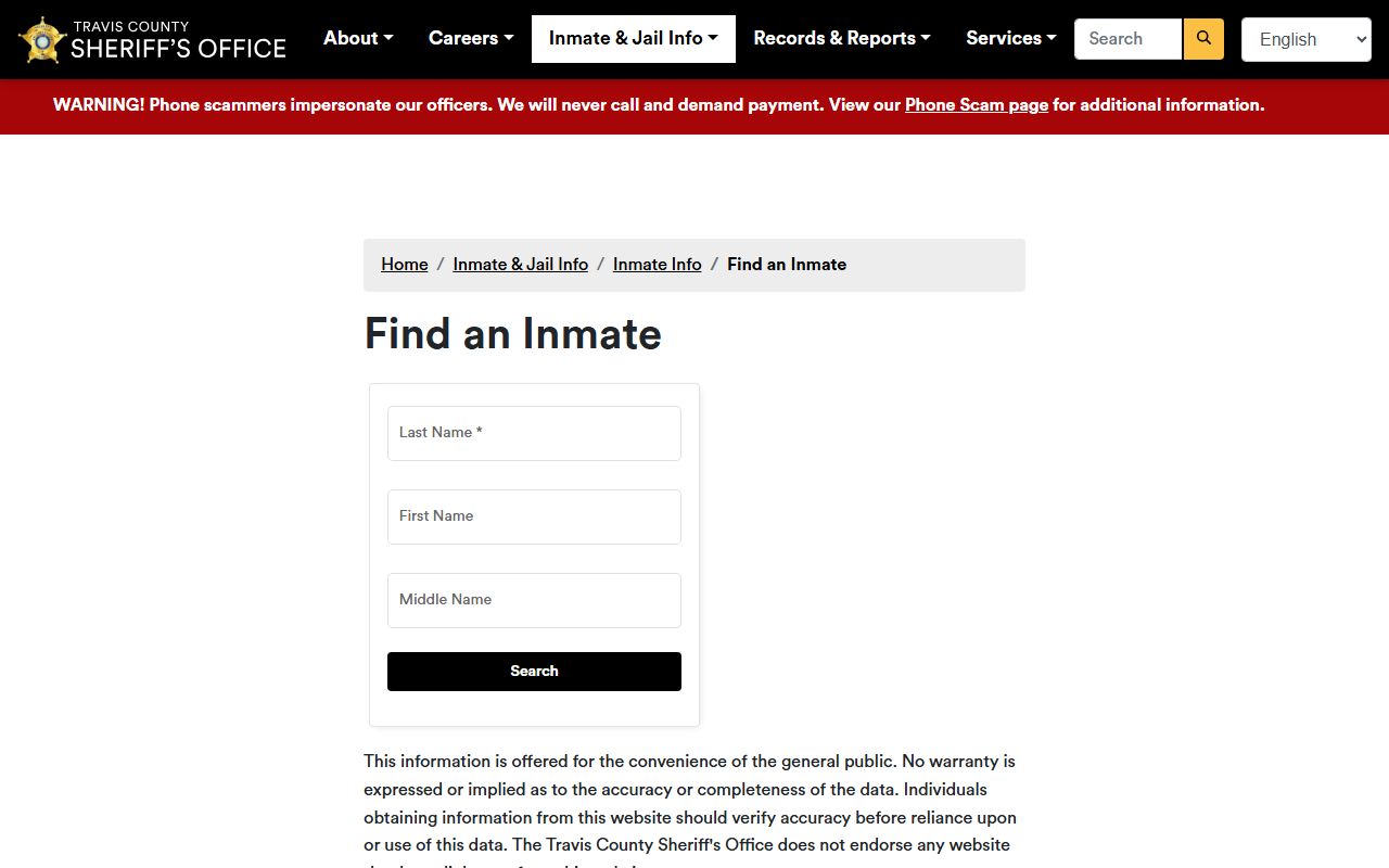 Travis County inmate search page with expired status