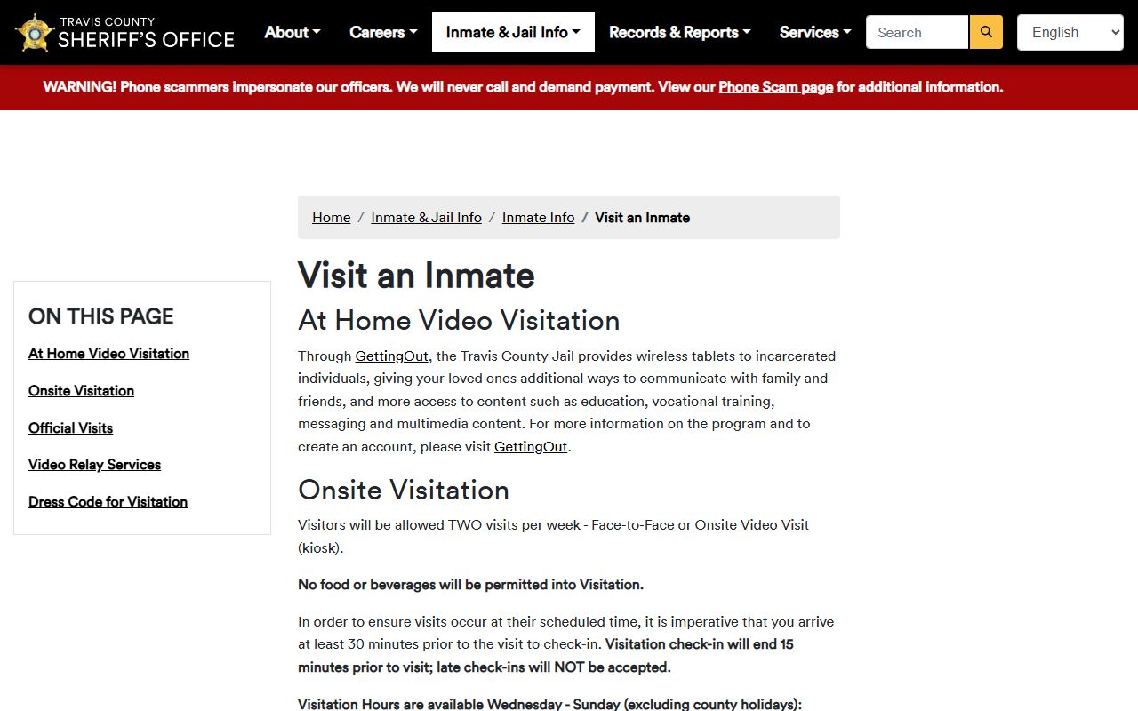 Travis County Correctional Complex visitation rules and schedule
